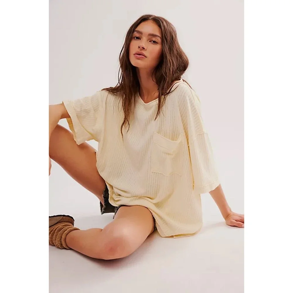 We The Free Free People tulum Cream Waffle Knit Oversized Thermal Pocket Tee XS